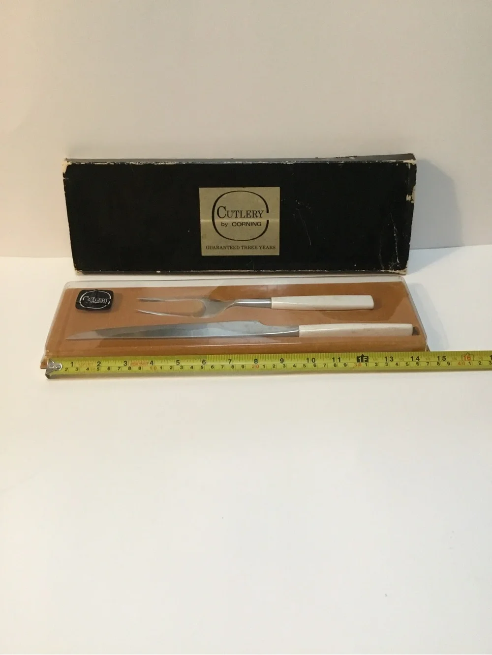 Corningware White Handle Carving Knife and Fork Set